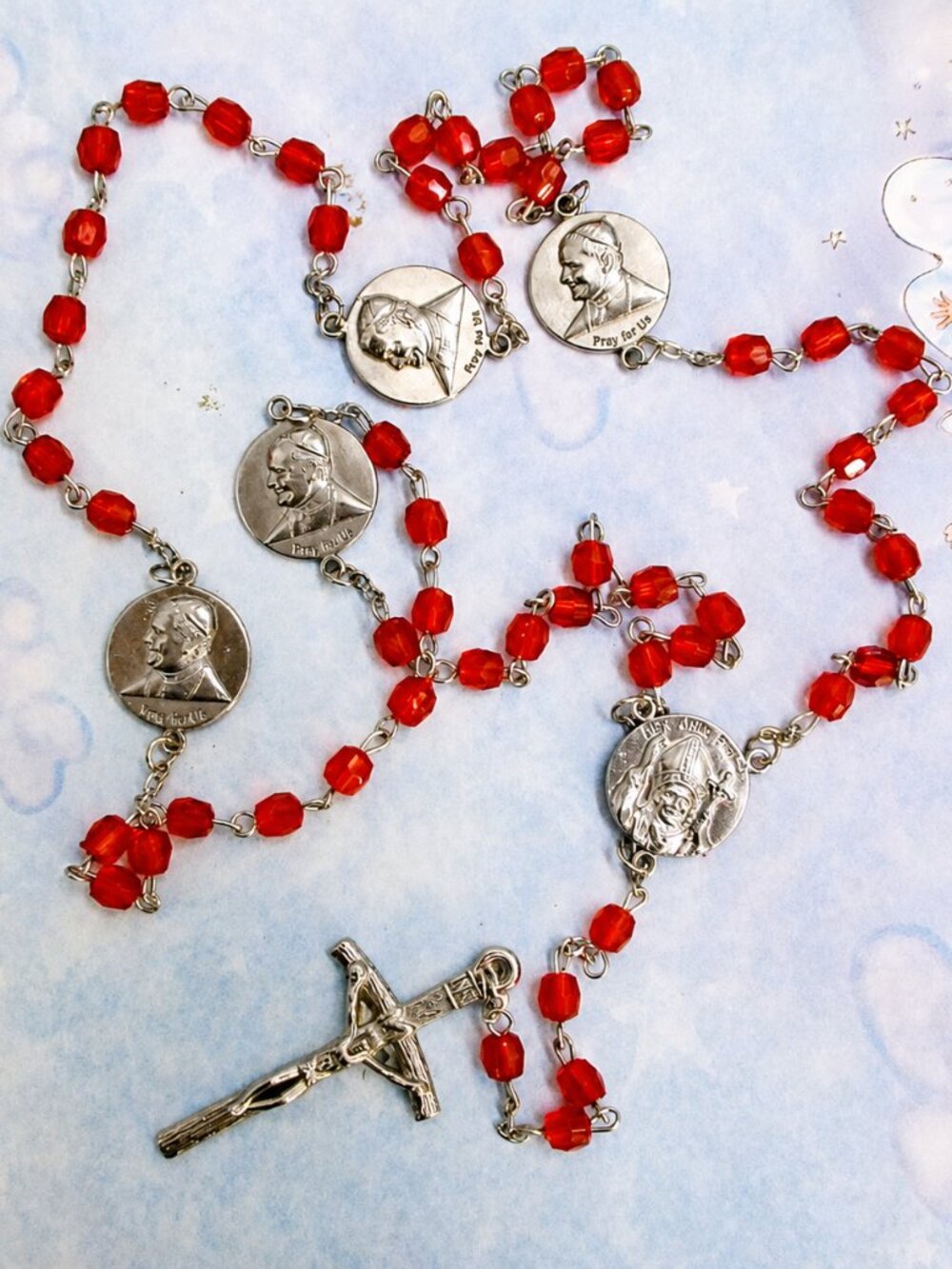 VINTAGE Pope John Paul II Rosary: VATICAN Red Glass & Silver Prayer Beads